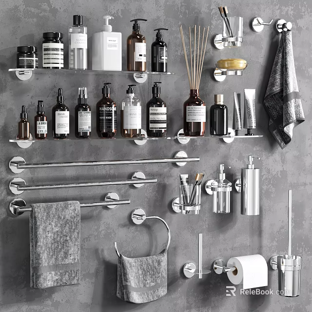 Modern Bathroom Accessories Including Shelves Towel Racks Soap Dispensers Towels And Toothbrush Holders 3d model 