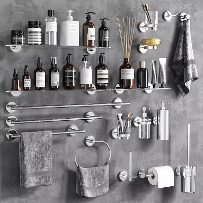 Modern Bathroom Accessories Including Shelves Towel Racks Soap Dispensers Towels And Toothbrush Holders 3d model