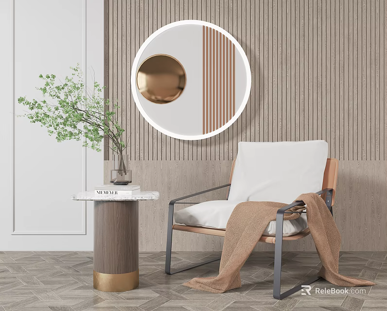 Modern Lounge Chair with Round Mirror Green Plant and Wooden Wall Background 3d model 