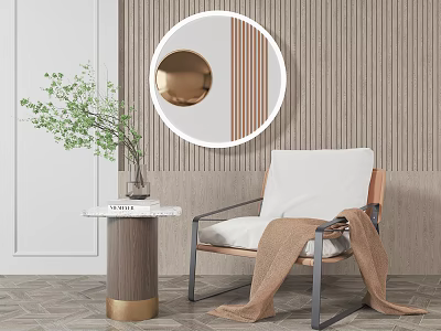 Modern Lounge Chair with Round Mirror Green Plant and Wooden Wall Background 3d model