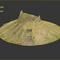 Cartoon Scene Of Traditional Round Hut With Thatched Roof Grass Covered Ground And Wooden Doorway