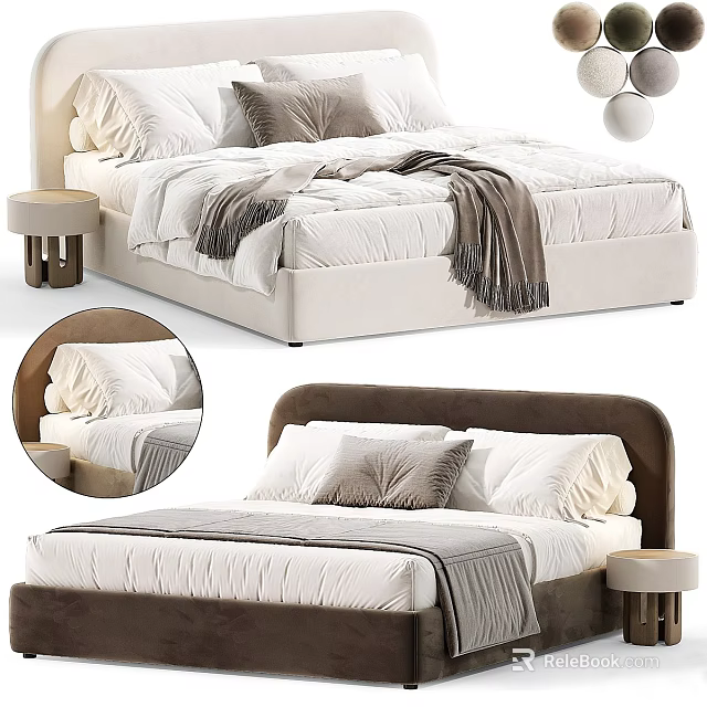 Modern Double Bed With Brown Upholstered Headboard White Grey Pillows Cozy Blanket And Round Nightstand 3d model 