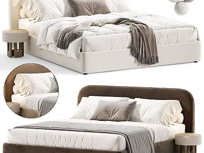 Modern Double Bed With Brown Upholstered Headboard White Grey Pillows Cozy Blanket And Round Nightstand 3d model
