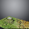 Detailed 3D Terrain Model With Green Mountain Ranges River And White Marker