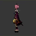 Woman with Pink Hair in Traditional Purple Gold Outfit Holding Yellow Objects and Decorative Headpiece