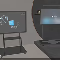 Two Modern Televisions on Metal Stands Displaying Windows Interface and Blue Screens 3d model