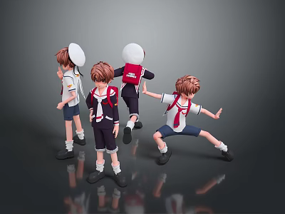 Children In School Uniforms With Red Backpacks Doing Various Playful Poses 3d model