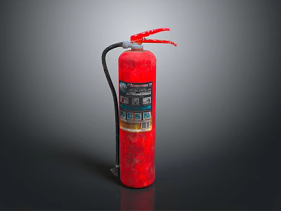 Red Fire Extinguisher With Pressure Gauge Black Hose And Safety Label 3d model