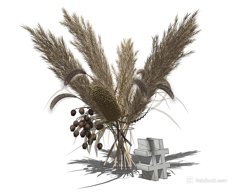Dried Flower Arrangement in Transparent Vase with Pampas Grass Wheat Ears and Small Wooden Crate 3d model 