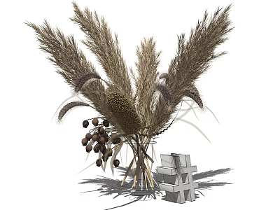 Dried Flower Arrangement in Transparent Vase with Pampas Grass Wheat Ears and Small Wooden Crate 3d model