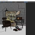 Brown Leather Leisure Chair In Vintage Room With Columbia Bicycle Poster Gramophone And Vinyl Record
