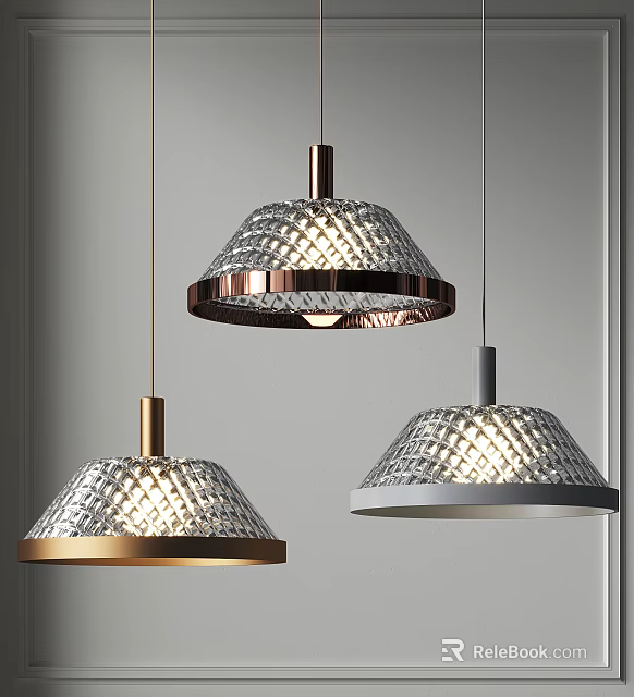 Stylish Modern Pendant Lights With Diamond Textured Shades And Metallic Gold Rose Gold Gray Frames 3d model 