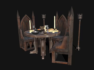 Medieval Wooden Round Dining Table and Chairs with Candles and Tableware 3d model