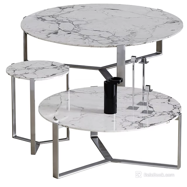 Modern Round Coffee Table With Marble Top Metal Frame And Side Table 3d model 