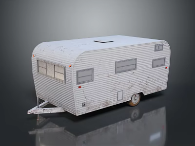 White Vintage Travel Trailer with Striped Exterior Windows and Classic Wheels Design 3d model