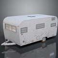 White Vintage Travel Trailer with Striped Exterior Windows and Classic Wheels Design