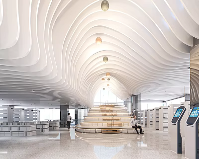 Book Art Modern Library Interior With Wavy Ceiling Staircase And Bookshelves 3d model