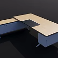 Light Wood Office Desk With Blue Drawer Units And Black Work Surface Design