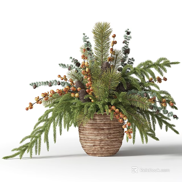 Decorative Bonsai Potted Plant With Pine Needles Pine Cones And Berries In Woven Basket 3d model 