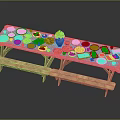 Assorted Foods Cakes Desserts and Fruits on Blue Tablecloth Long Table with Benches