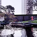 Modern Garden Landscape With Water Pond Lush Green Trees And Seating Area