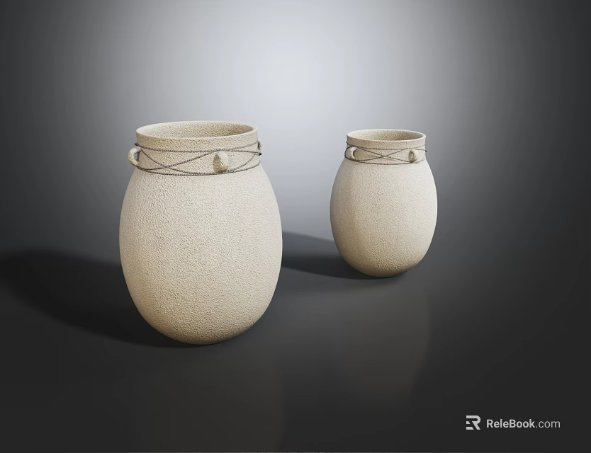 Two Beige Textured Ceramic Vases With Woven Neck Detail On Dark Background 3d model 