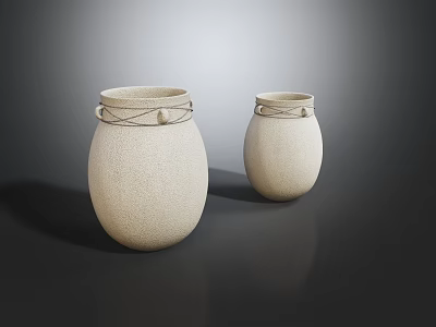 Two Beige Textured Ceramic Vases With Woven Neck Detail On Dark Background 3d model