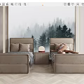 Modern Single Bed Interior With Beige Upholstery And Forest View Window 3d model