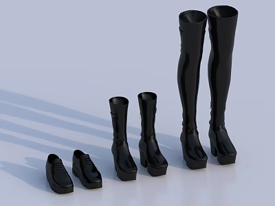 Black Shiny High Heel Shoes With Various Styles Ankle Mid Calf Over Knee Boots 3d model