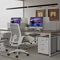 Modern Public Office Space Interior With Computer Monitors Office Chairs Framed Paintings And Potted Plant