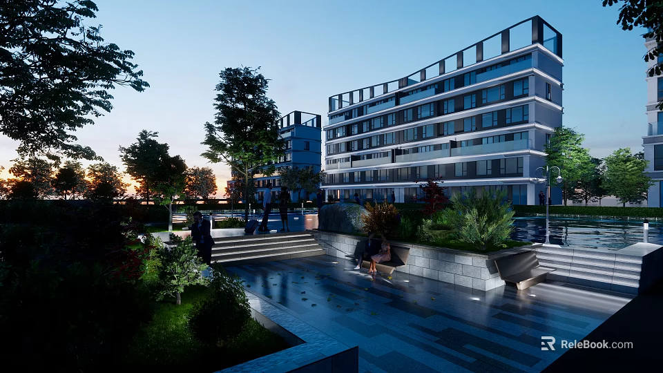 Modern High Rise Residential Landscape With Greenery Stone Walkway And Evening Lighting 3d model 