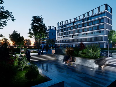 Modern High Rise Residential Landscape With Greenery Stone Walkway And Evening Lighting 3d model