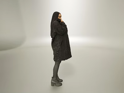 Woman In Black Long Coat With Headscarf Standing Against Gray Background 3d model