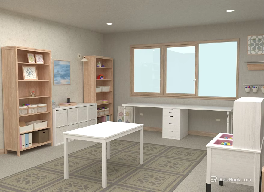 Kids Study Room With Wooden Bookshelves White Tables Storage Cabinets And Natural Light 3d model 