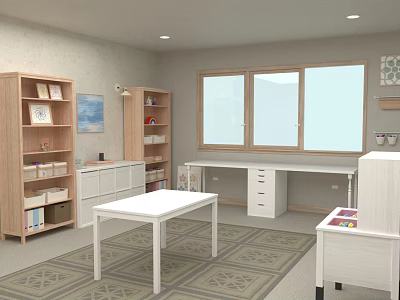 Kids Study Room With Wooden Bookshelves White Tables Storage Cabinets And Natural Light 3d model