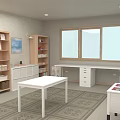 Kids Study Room With Wooden Bookshelves White Tables Storage Cabinets And Natural Light