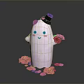 Cute White Ghost Character With Black Top Hat Pink Roses Smiling Blush Face And Scattered Petals