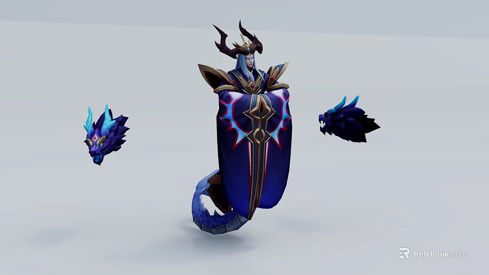 Horned Game Character In Blue And Gold Armor With Shield And Blue Accessories 3d model 