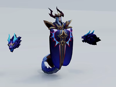 Horned Game Character In Blue And Gold Armor With Shield And Blue Accessories 3d model