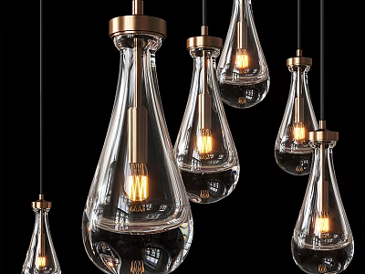 Modern Teardrop Shaped Pendant Lights With Transparent Glass Metallic Mounts And Illuminated Bulbs 3d model