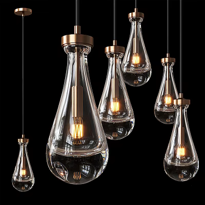 Modern Teardrop Shaped Pendant Lights With Transparent Glass Metallic Mounts And Illuminated Bulbs 3d model