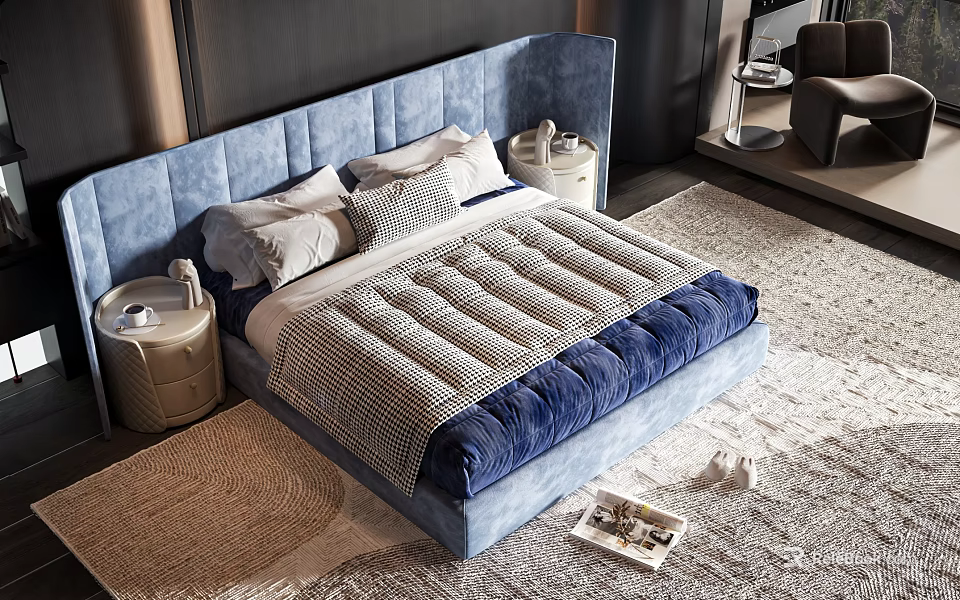 Double Bed With Blue Headboard White Gray Pillows Blue White Quilt Bedside Tables And Rug 3d model 