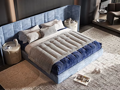 Double Bed With Blue Headboard White Gray Pillows Blue White Quilt Bedside Tables And Rug 3d model