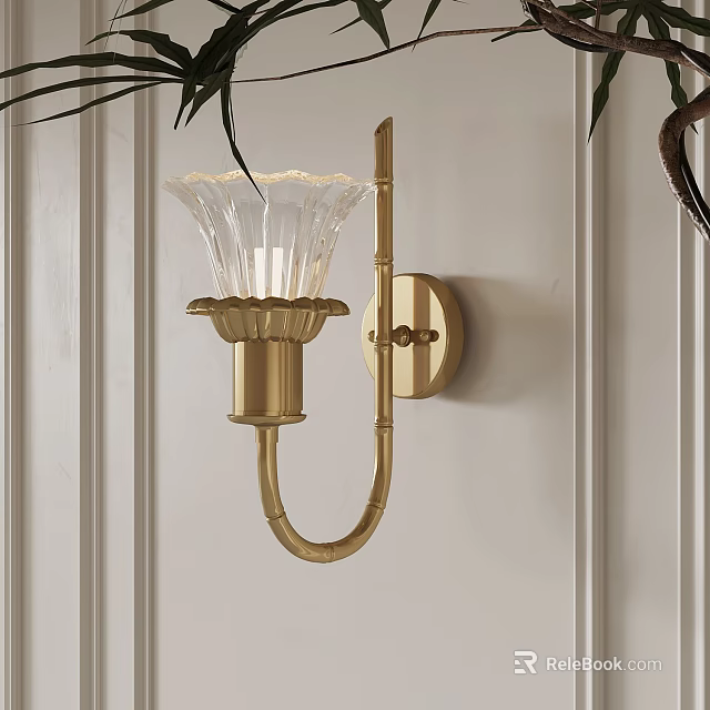 Elegant Brass Wall Lamp with Fluted Glass Shade Mounted on White Panel Wall 3d model 