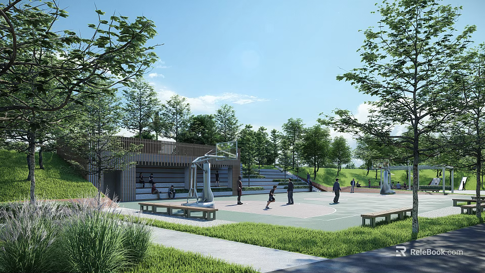 Park Landscape with Basketball Court Green Trees Benches and People Enjoying Activities 3d model 