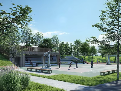 Park Landscape with Basketball Court Green Trees Benches and People Enjoying Activities 3d model