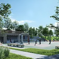 Park Landscape with Basketball Court Green Trees Benches and People Enjoying Activities