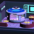 Cartoon Cyber Coffee Shop Interior With Circular Bar Counter Tables Chairs And Screens