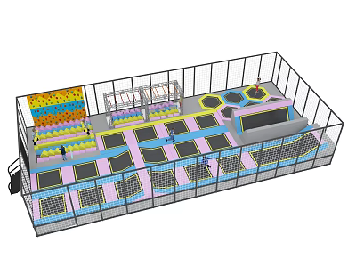 Indoor Trampoline Park Play Equipment With Colorful Sections And Safety Netting 3d model