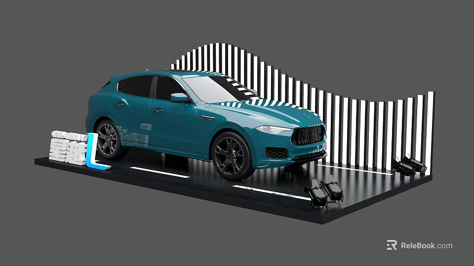 Display Shelves Showcasing Blue Car In Modern Setup With Striped Backdrop And Spotlights 3d model 